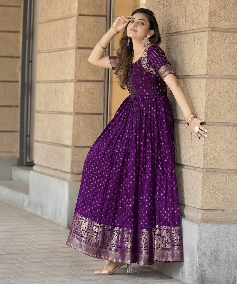 Purple traditional silk weaving fit and flare gown for women
