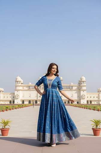 Blue  zari weaving ethnic fit and flare weaving gown for women