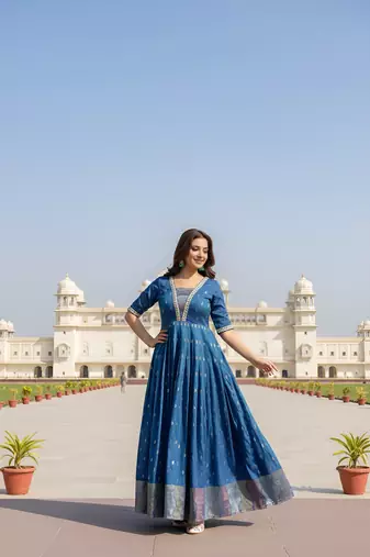Blue  zari weaving ethnic fit and flare weaving gown for women