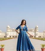Blue  zari weaving ethnic fit and flare weaving gown for women