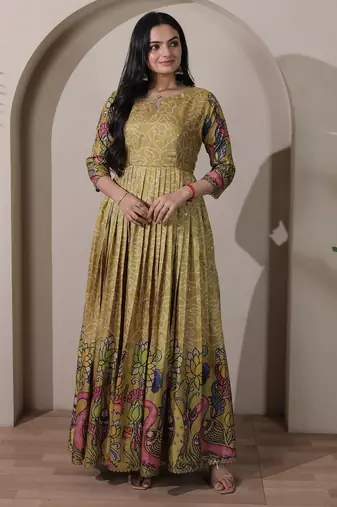 Women ethnic printed anarkali maxi dress with kalamkari motifs