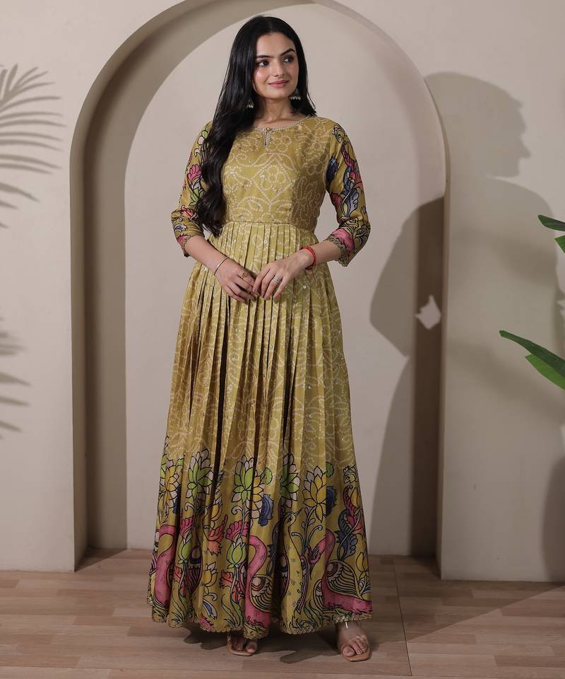 Women ethnic printed anarkali maxi dress with kalamkari motifs