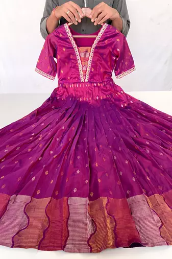 Pink zari weaving ethnic fit and flare weaving gown for women