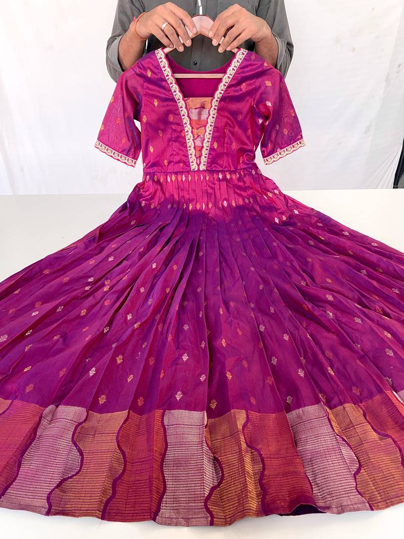Pink zari weaving ethnic fit and flare weaving gown for women