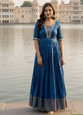 Blue  zari weaving ethnic fit and flare weaving gown for women 2