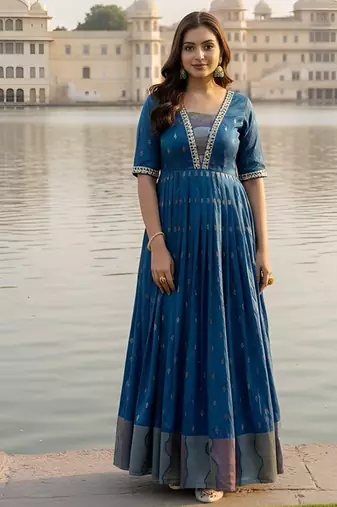 Blue  zari weaving ethnic fit and flare weaving gown for women