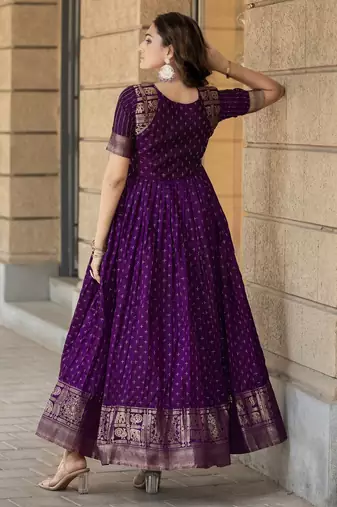 Purple traditional silk weaving fit and flare gown for women