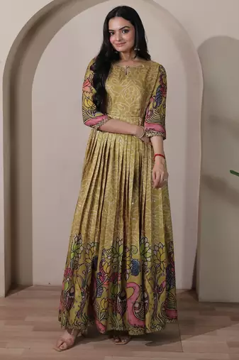 Women ethnic printed anarkali maxi dress with kalamkari motifs