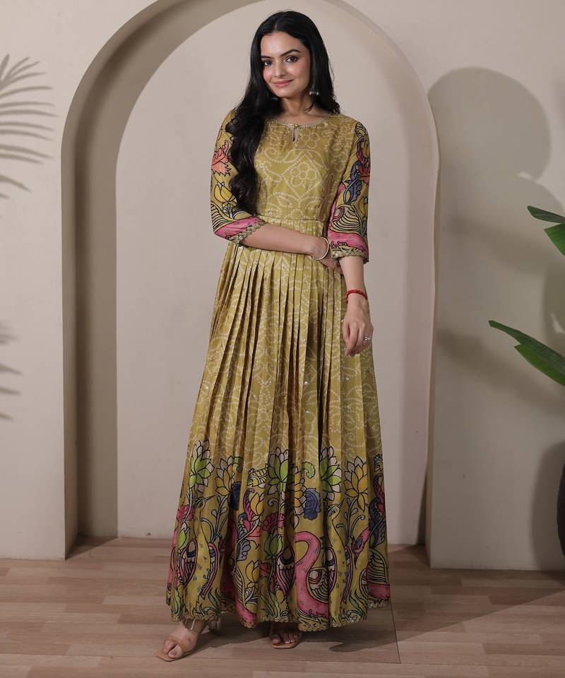 Women ethnic printed anarkali maxi dress with kalamkari motifs