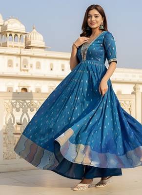 Blue  zari weaving ethnic fit and flare weaving gown for women 3