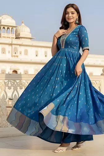 Blue  zari weaving ethnic fit and flare weaving gown for women