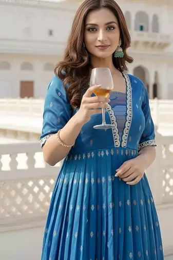 Blue  zari weaving ethnic fit and flare weaving gown for women