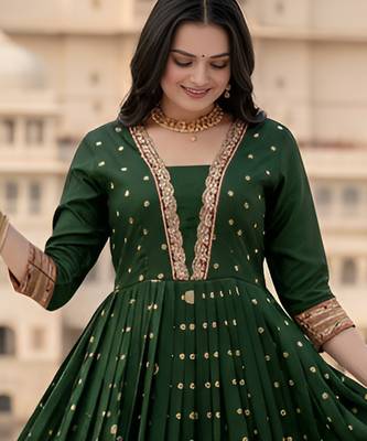 designer soft silk green v-neck paithani weaving ethnic womens dress 1