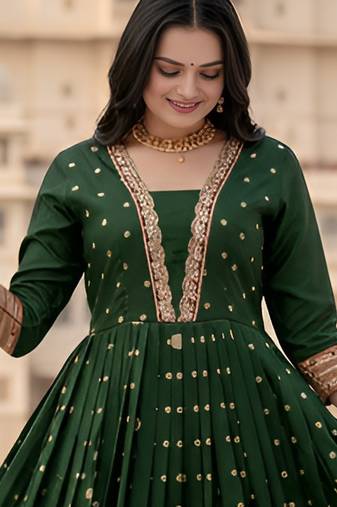 designer soft silk green v-neck paithani weaving ethnic womens dress