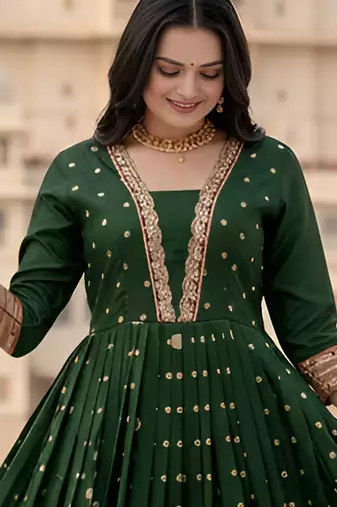 designer soft silk green v-neck paithani weaving ethnic womens dress