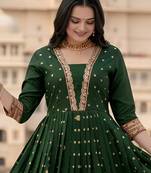 designer soft silk green v-neck paithani weaving ethnic womens dress