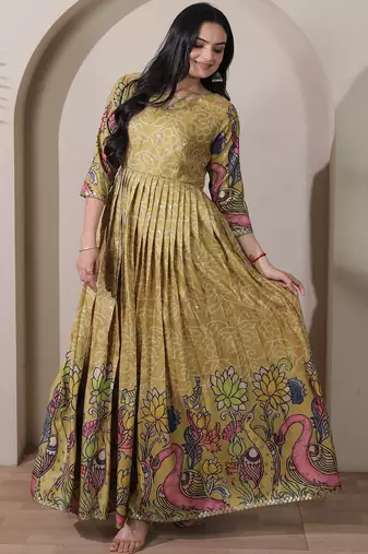 Women ethnic printed anarkali maxi dress with kalamkari motifs