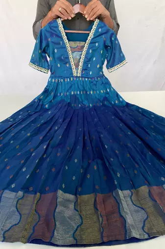 Blue  zari weaving ethnic fit and flare weaving gown for women