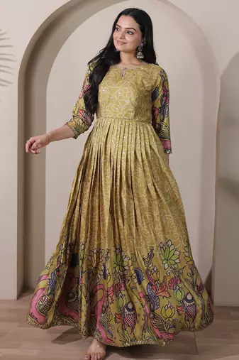 Women ethnic printed anarkali maxi dress with kalamkari motifs