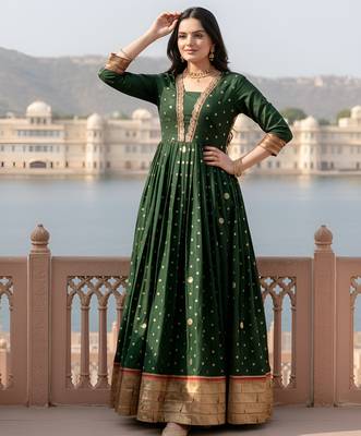 designer soft silk green v-neck paithani weaving ethnic womens dress 2
