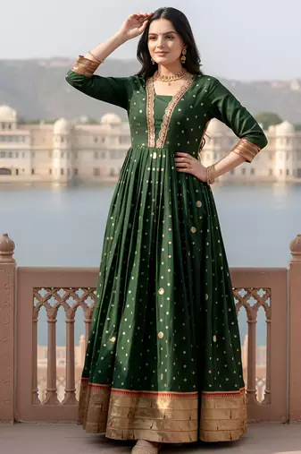 designer soft silk green v-neck paithani weaving ethnic womens dress