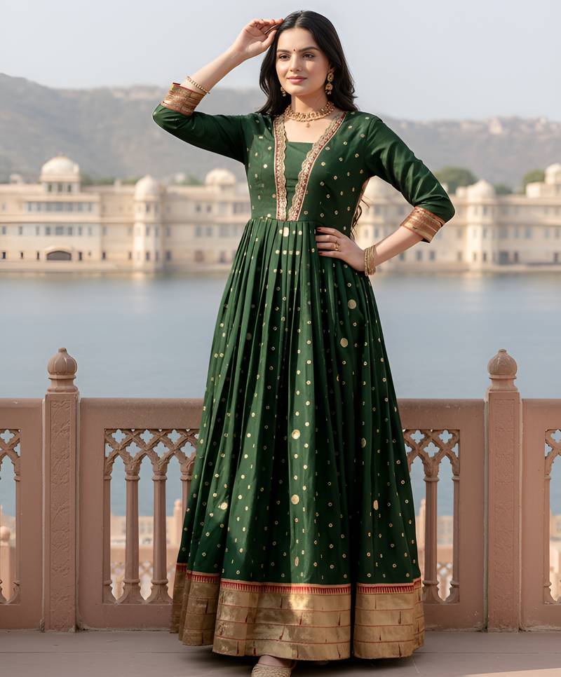 designer soft silk green v-neck paithani weaving ethnic womens dress