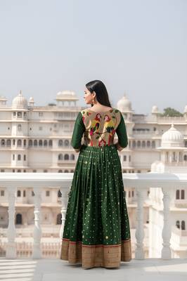 designer soft silk green v-neck paithani weaving ethnic womens dress 3