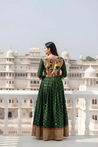 designer soft silk green v-neck paithani weaving ethnic womens dress