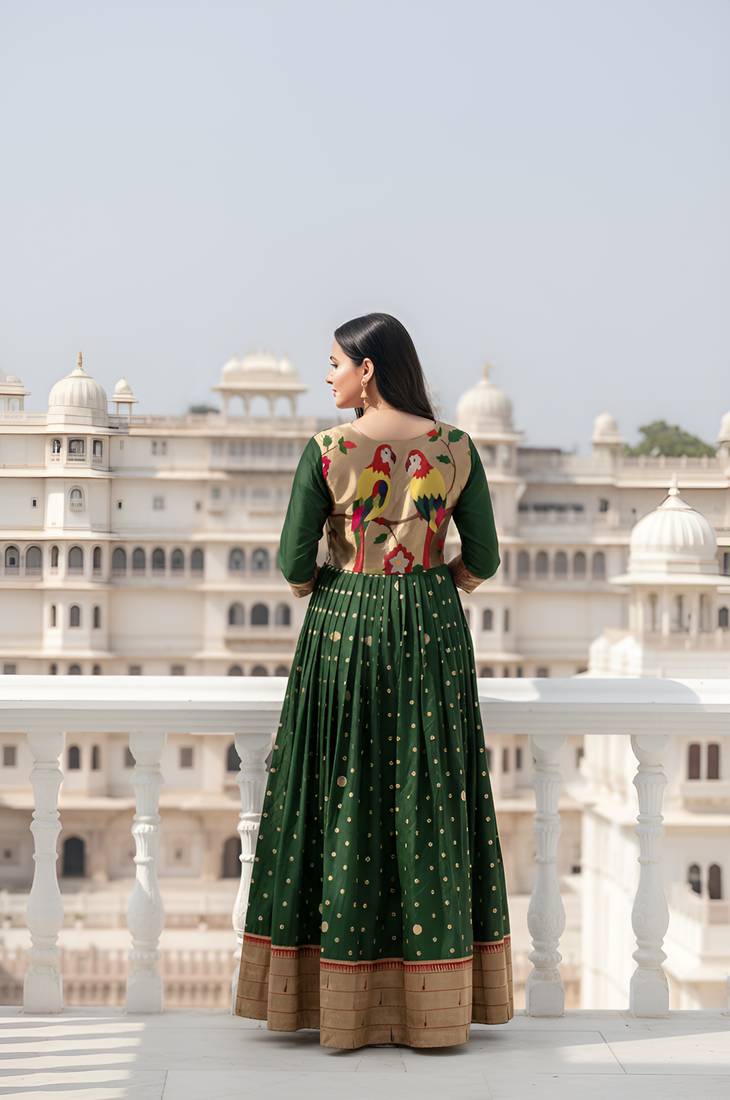 designer soft silk green v-neck paithani weaving ethnic womens dress