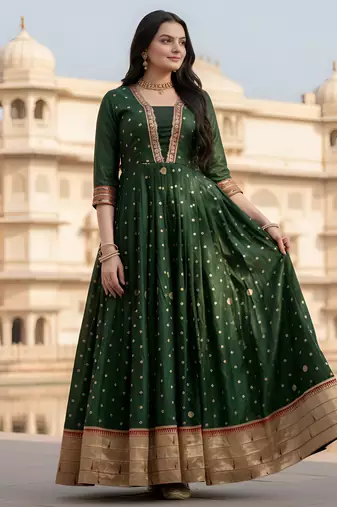 designer soft silk green v-neck paithani weaving ethnic womens dress