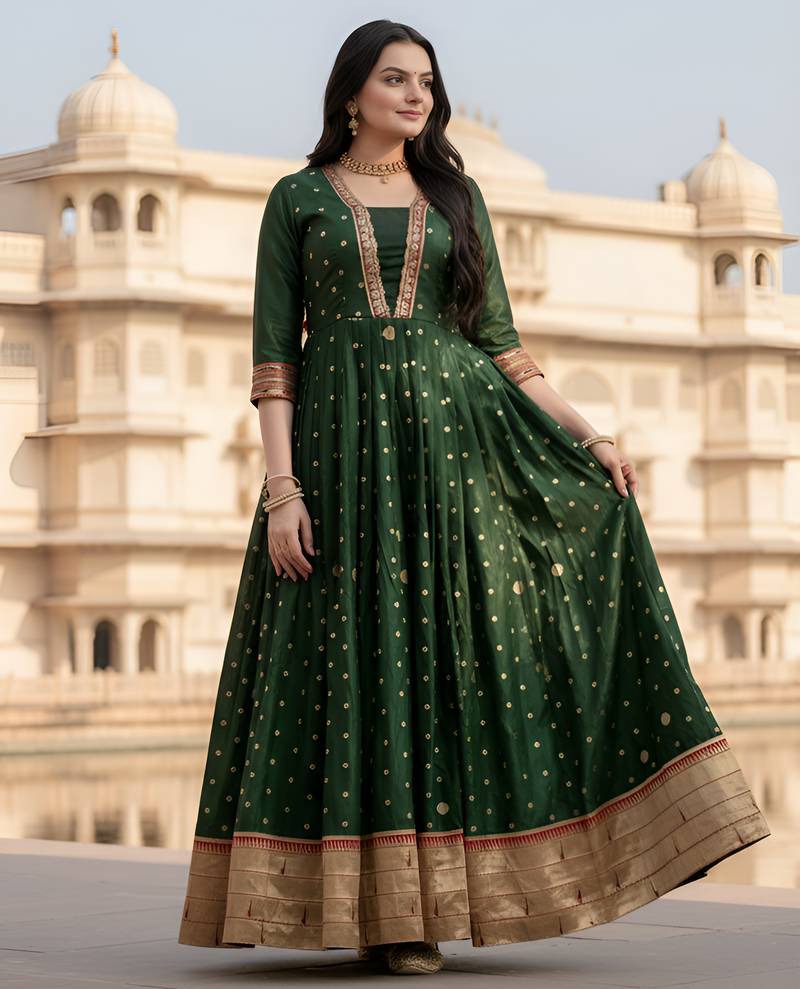 designer soft silk green v-neck paithani weaving ethnic womens dress