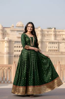 designer soft silk green v-neck paithani weaving ethnic womens dress 5