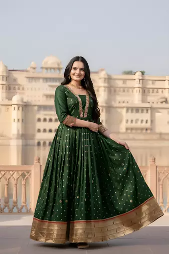 designer soft silk green v-neck paithani weaving ethnic womens dress