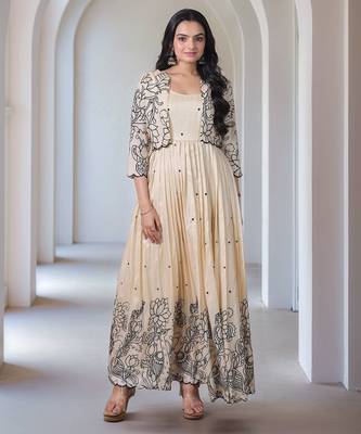 Elegant floral embroidered beige anarkali dress with jacket for women 1