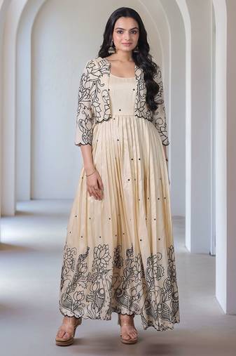 Elegant floral embroidered beige anarkali dress with jacket for women