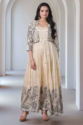 Elegant floral embroidered beige anarkali dress with jacket for women