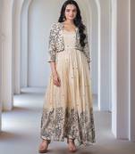 Elegant floral embroidered beige anarkali dress with jacket for women