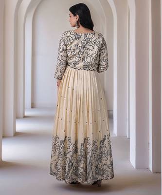 Elegant floral embroidered beige anarkali dress with jacket for women 2