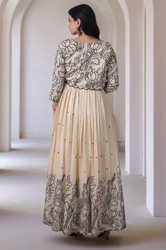 Elegant floral embroidered beige anarkali dress with jacket for women