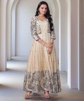 Elegant floral embroidered beige anarkali dress with jacket for women 3