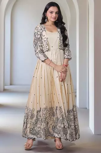 Elegant floral embroidered beige anarkali dress with jacket for women