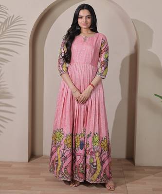 Women pink floral printed anarkali maxi dress with kalamkari design 1