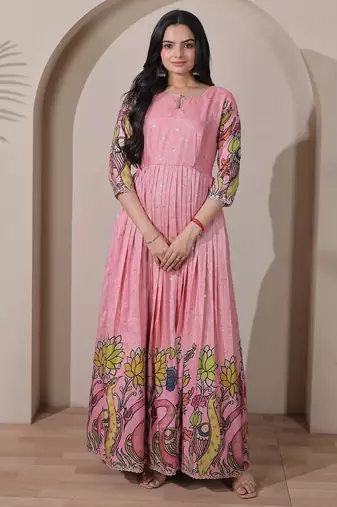 Women pink floral printed anarkali maxi dress with kalamkari design