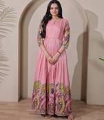 Women pink floral printed anarkali maxi dress with kalamkari design
