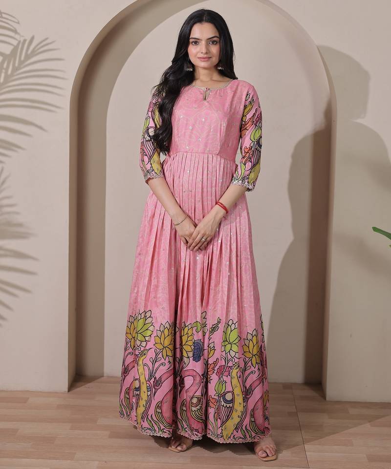 Women pink floral printed anarkali maxi dress with kalamkari design