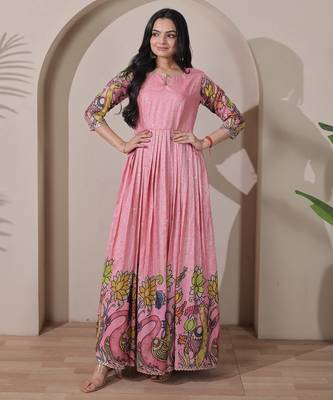 Women pink floral printed anarkali maxi dress with kalamkari design 2