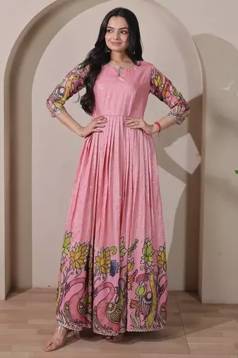 Women pink floral printed anarkali maxi dress with kalamkari design