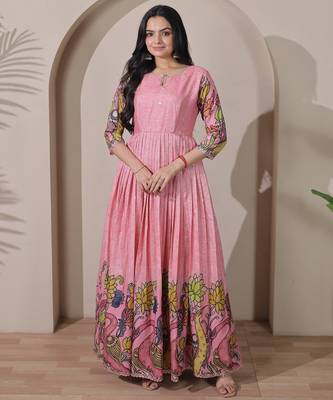 Women pink floral printed anarkali maxi dress with kalamkari design 3