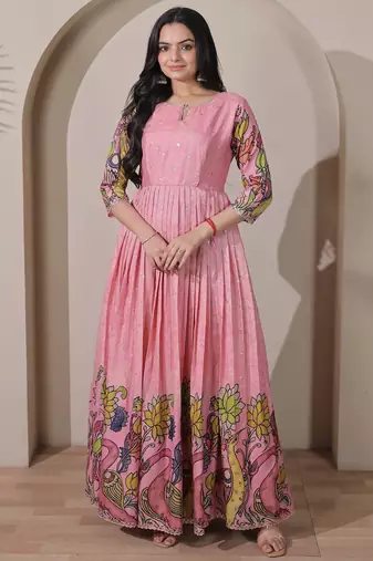 Women pink floral printed anarkali maxi dress with kalamkari design