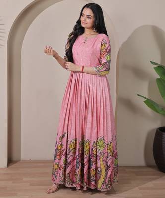 Women pink floral printed anarkali maxi dress with kalamkari design 4